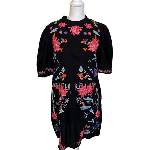 Asos Dress Women's Size 14 Black Cotton Embroidered Floral Colorful Open Back - Picture 1 of 13